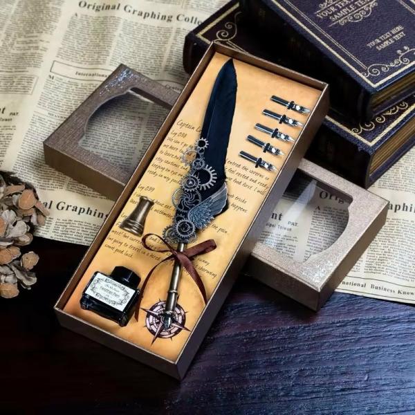 Deluxe Gift Boxed Retro Feather Calligraphy Dip Quill Pen Set – Black Goose Flight Wing  |   Feather Pens