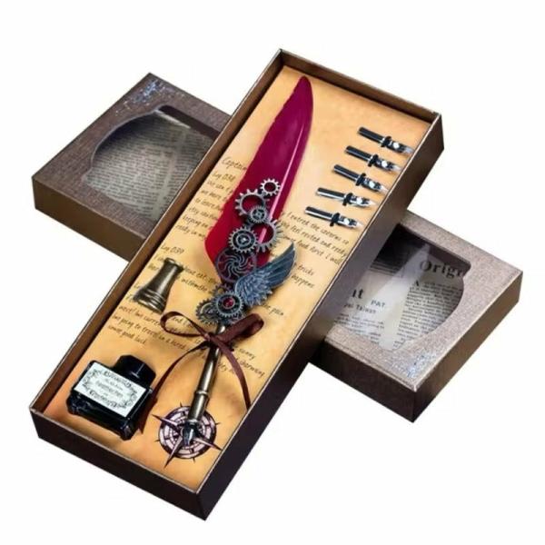 Deluxe Gift Boxed Retro Feather Calligraphy Dip Quill Pen Set – Burgundy Goose Flight Wing  |   Feather Pens