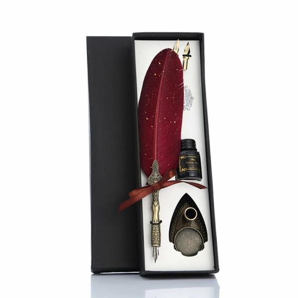 Deluxe Gift Boxed Retro Feather Calligraphy Dip Quill Pen Set – Burgundy With Gold Speckle Goose  |   Feather Pens