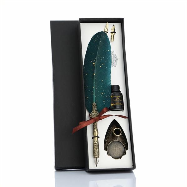 Deluxe Gift Boxed Retro Feather Calligraphy Dip Quill Pen Set – Green With Gold Speckle Goose  |   Feather Pens