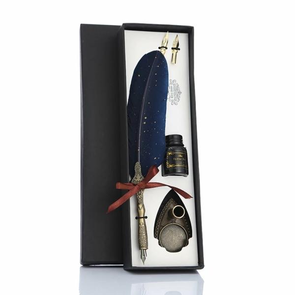 Deluxe Gift Boxed Retro Feather Calligraphy Dip Quill Pen Set – Midnight Blue With Gold Speckle Goose  |   Feather Pens