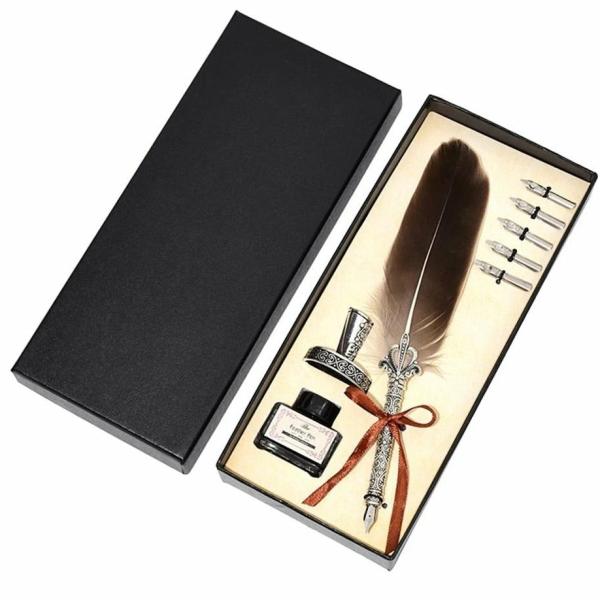 Deluxe Gift Boxed Retro Feather Calligraphy Dip Quill Pen Set – Natural Goose  |   Feather Pens