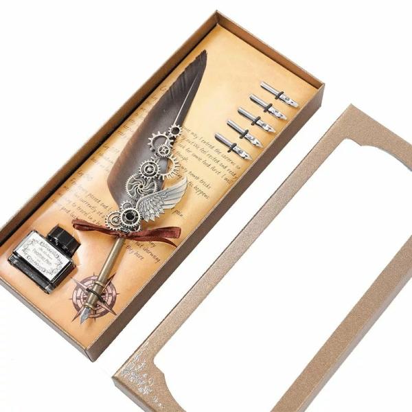 Deluxe Gift Boxed Retro Feather Calligraphy Dip Quill Pen Set – Natural Goose Flight Wing  |   Feather Pens