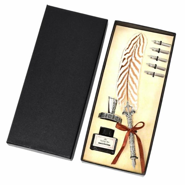 Deluxe Gift Boxed Retro Feather Calligraphy Dip Quill Pen Set – Natural Silver Pheasant  |   Feather Pens