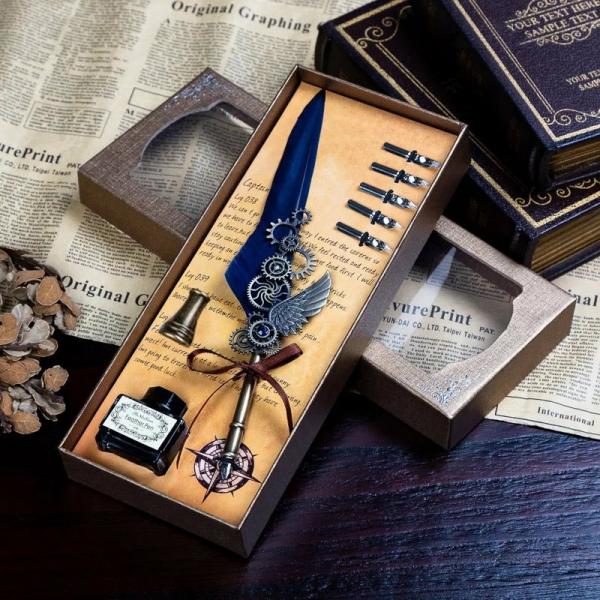 Deluxe Gift Boxed Retro Feather Calligraphy Dip Quill Pen Set – Navy Blue Goose Flight Wing  |   Feather Pens