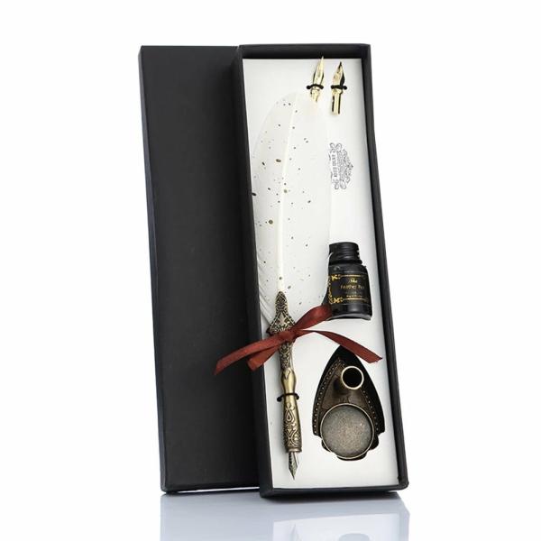 Deluxe Gift Boxed Retro Feather Calligraphy Dip Quill Pen Set – White With Gold Speckle Goose  |   Feather Pens