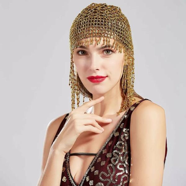 Great Gatsby 1920’s Flapper Cleopatra Beaded Headdress Cap Fancy Dress – Gold (Style 28)  |   Gatsby Headpieces