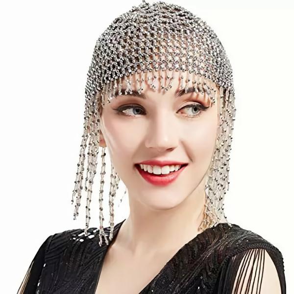 Great Gatsby 1920’s Flapper Cleopatra Beaded Headdress Cap Fancy Dress – Silver (Style 28)  |   Gatsby Headpieces