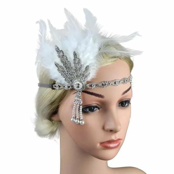 Great Gatsby 1920’s Flapper Feather Headdress Fancy Dress – White (Style 12)  |   Feather Headpieces