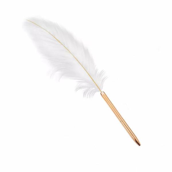 Ostrich Feather Wedding Ceremony Signing Rose Gold Ballpoint Pen – White  |   Feather Pens