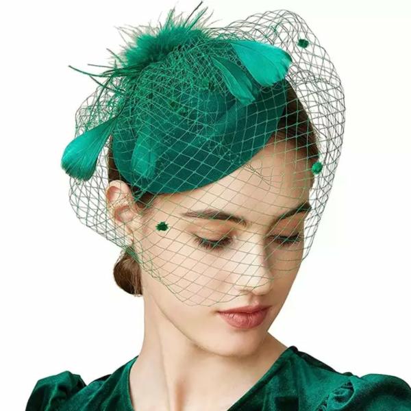 Pillbox Spot Veil And Feather Headband Fascinator – Emerald Green  |   Fascinators