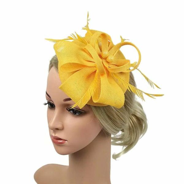 Round Button Feather Headband Fascinator – Yellow  |   Fascinators