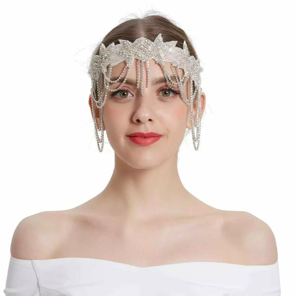 Great Gatsby 1920’s Bridal Flapper Feather Headdress Fancy Dress – White (Style 27)  |   Gatsby Headpieces