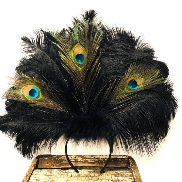 Natural Peacock & Ostrich Feather Drab Carnival Showgirl Costume Headdress – Black  |   Feather Headpieces