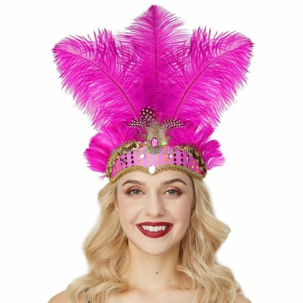 Rio Carnival Samba Sequin Ostrich Feather Showgirl Costume Headdress – Cerise  |   Feather Headpieces