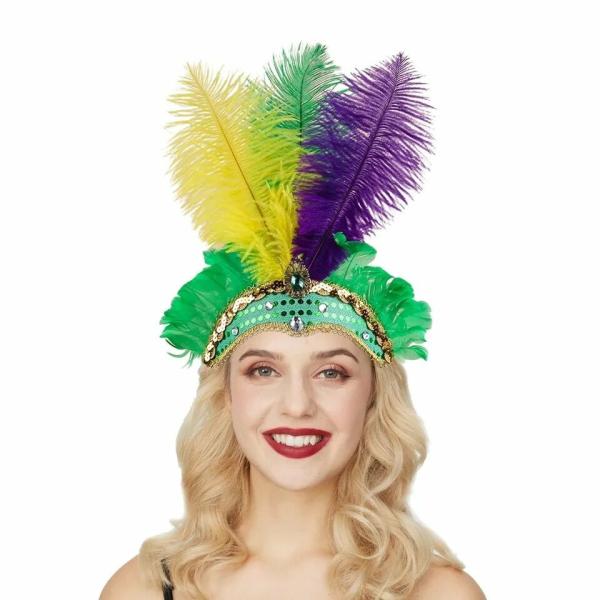 Rio Carnival Samba Sequin Ostrich Feather Showgirl Costume Headdress – Purple/Green/Yellow  |   Feather Headpieces